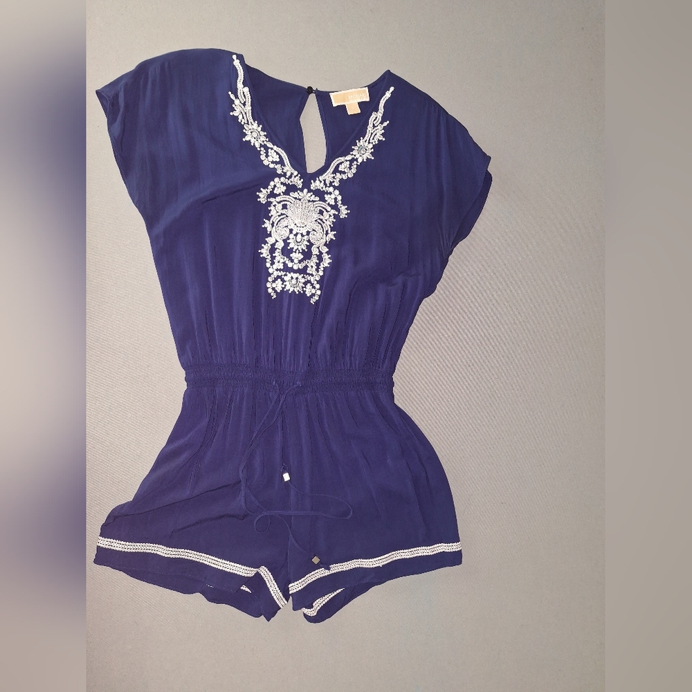 Michael Kors Blue and White Graphic Embellished Blouse
